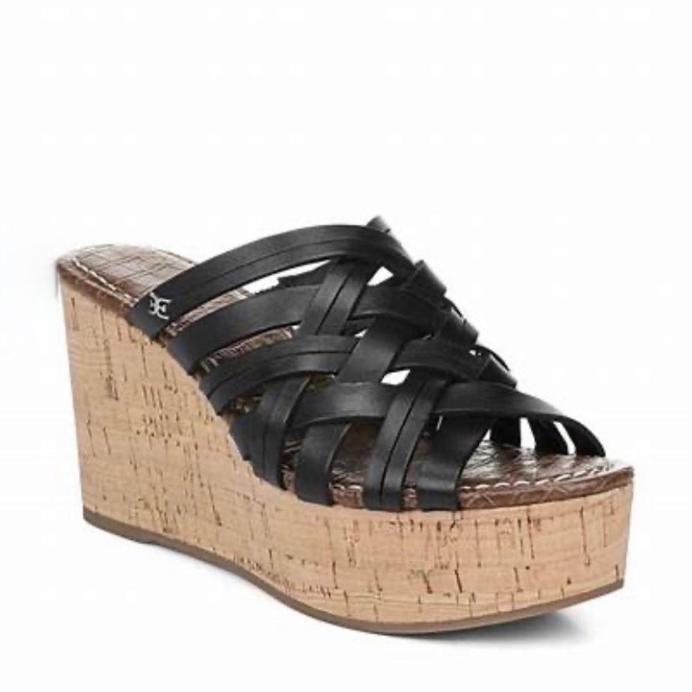 Sam Edelman Black Leather Cork Wedge Sandals Size 7
